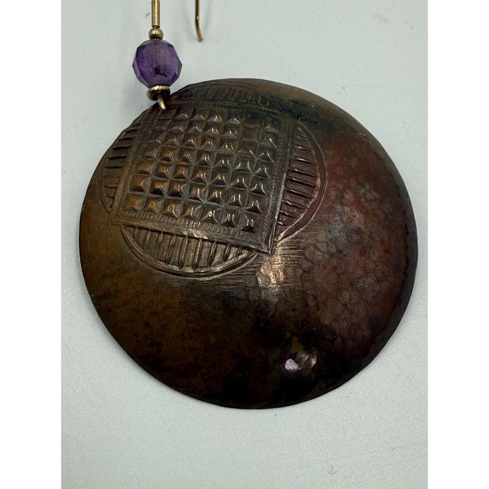 Handmade Hammered Copper Disc Earrings Amethyst Bead Geometric Boho Statement - Picture 4 of 6